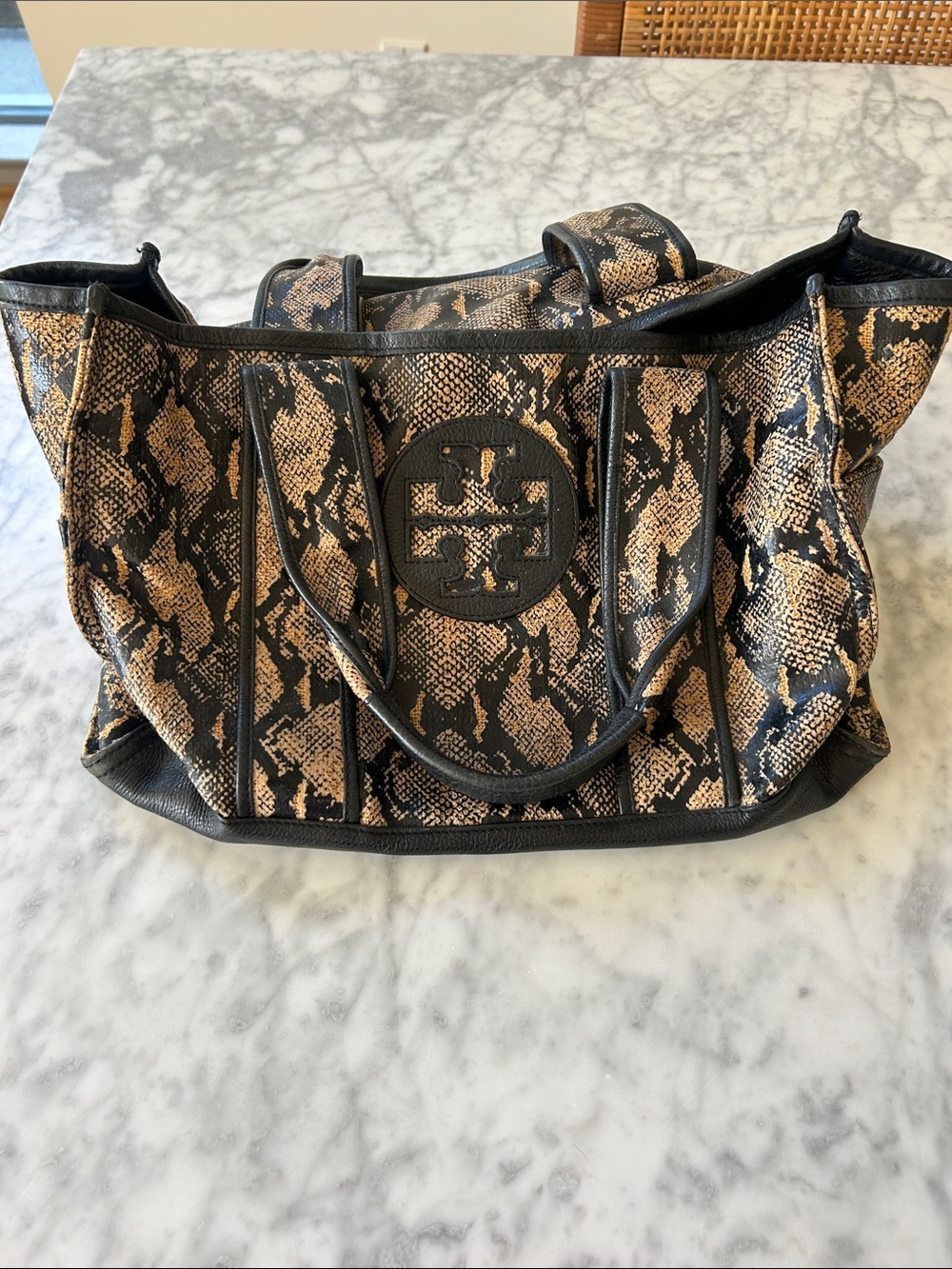 Tory Burch Black and Tan Snake-Print Tote with Logo Medallion